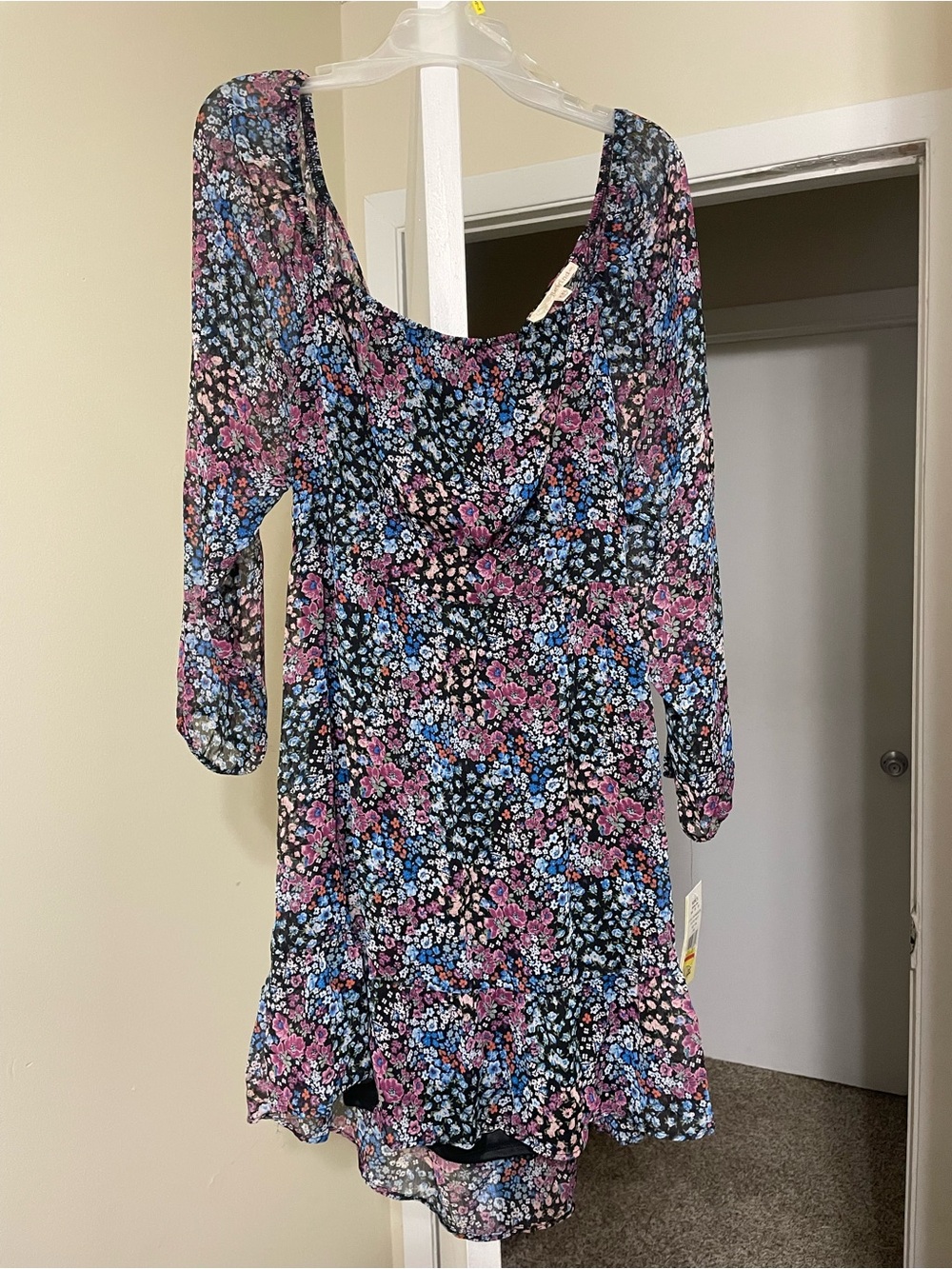 Rewind Black Floral Long Sleeve Dress with Open Back Pink & Blue Flowers